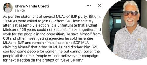 Senior politician cum former Minister KN Upreti statement on Pawan Chamling sending his MLAs to BJP.