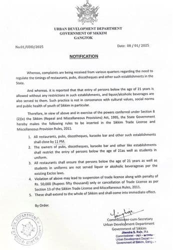 Sikkim Government Imposes New Rules on Restaurants, Pubs, and Discotheques